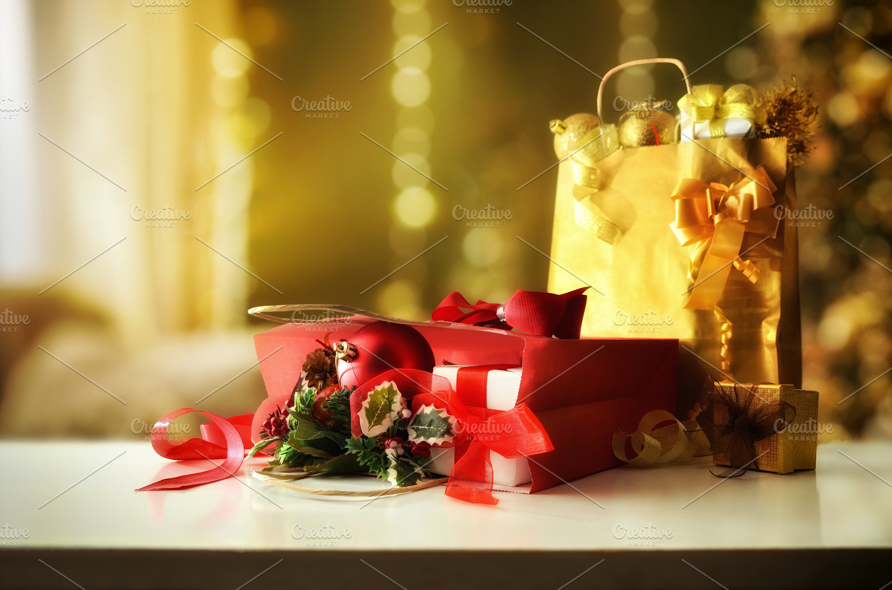 Gifts on table of a Christmas decorated living room, a Holiday Photo by Davizro's Market