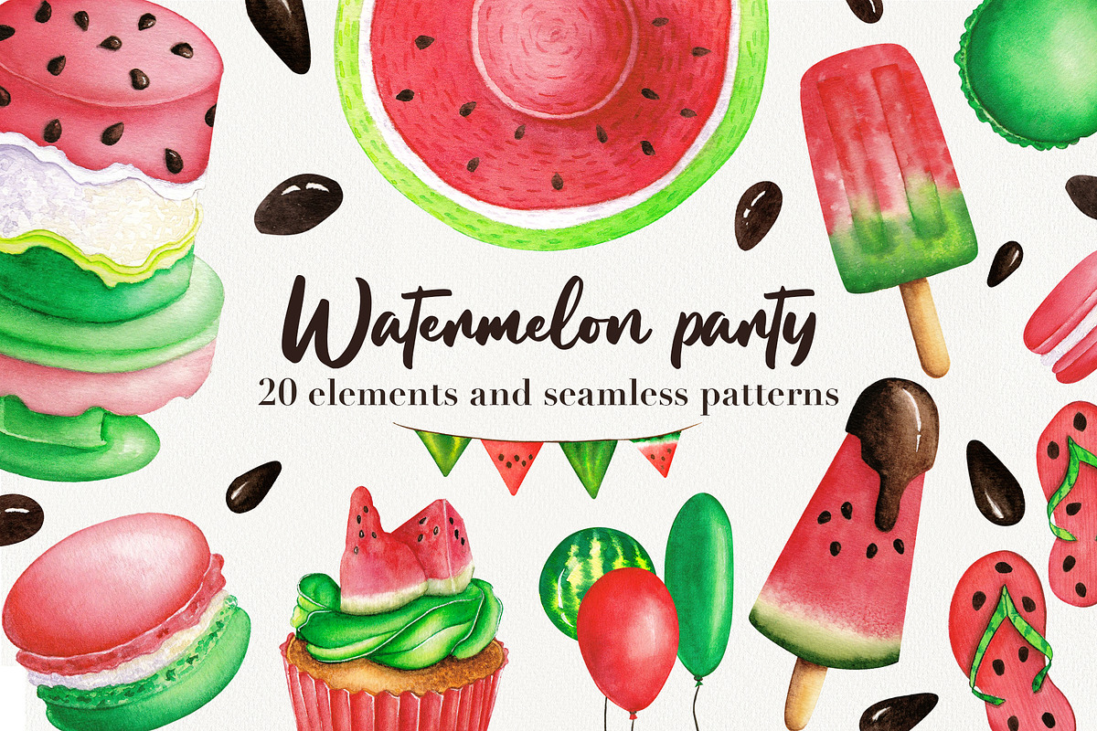Watercolor Watermelon party clipart., a Food Illustration by NinaBrai (Photo 1 of 5)
