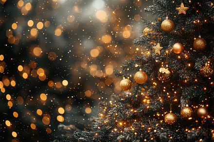 Christmas tree adorned with golden o, a Photo by Tanuart