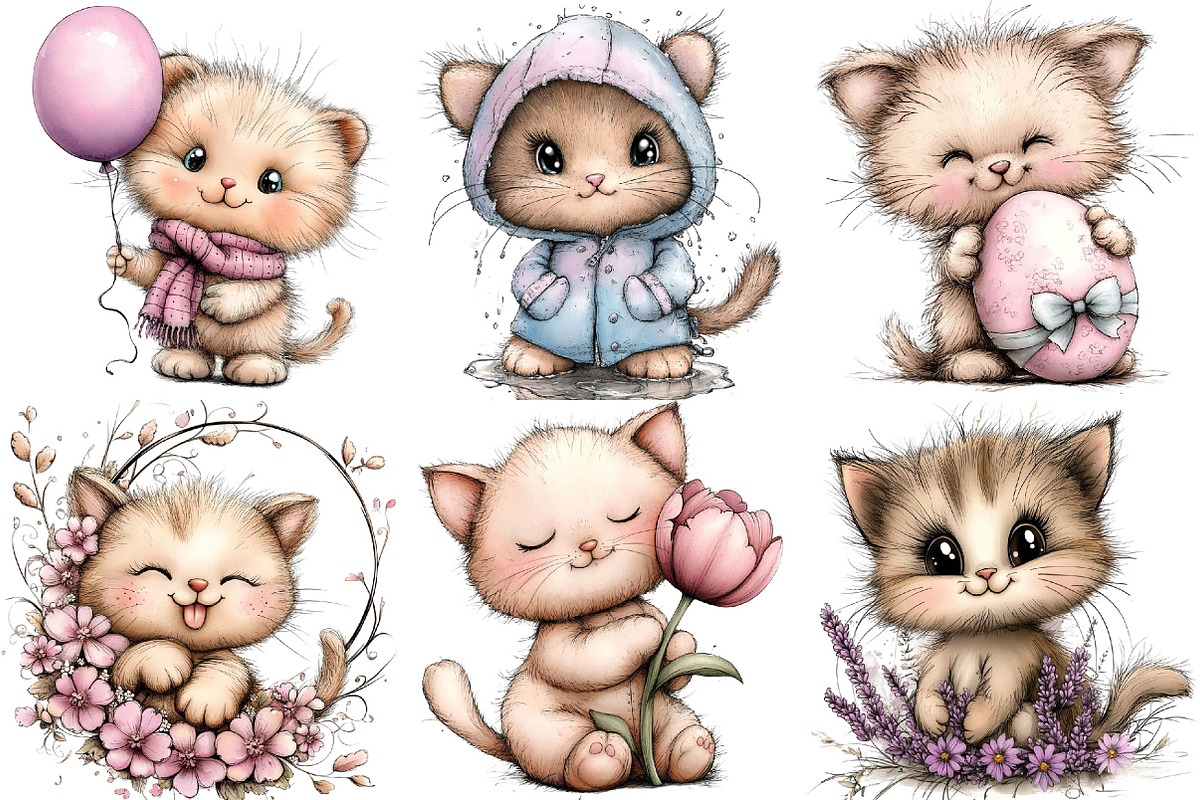 Whimsical Funny Spring Cats Clipart, an Illustration by DreamPrint404 (Photo 4 of 6)