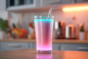 Brightly colored drink in a glass on a kitchen countertop with illuminated ambi, a Food & Drink Photo by AlyaAnd