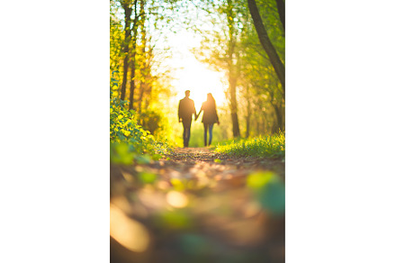 Couple walking in sunlit forest path, a Nature Photo by Lermont51