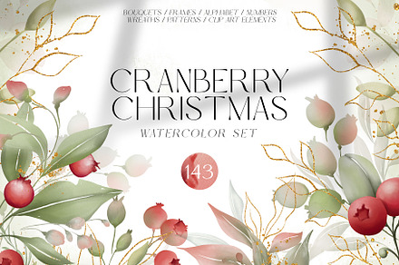 CRANBERRY CHRISTMAS watercolor set, a Decorative Illustration by Yuliia Lashevska