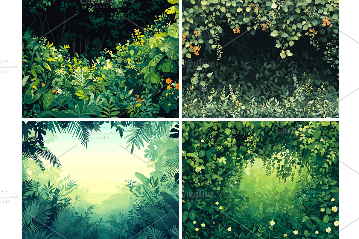 Lush jungle cartoon landscapes, an Illustration by Onyx