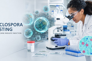 Cyclospora testing in laboratory wit, a Photo by Dvoevnore photos