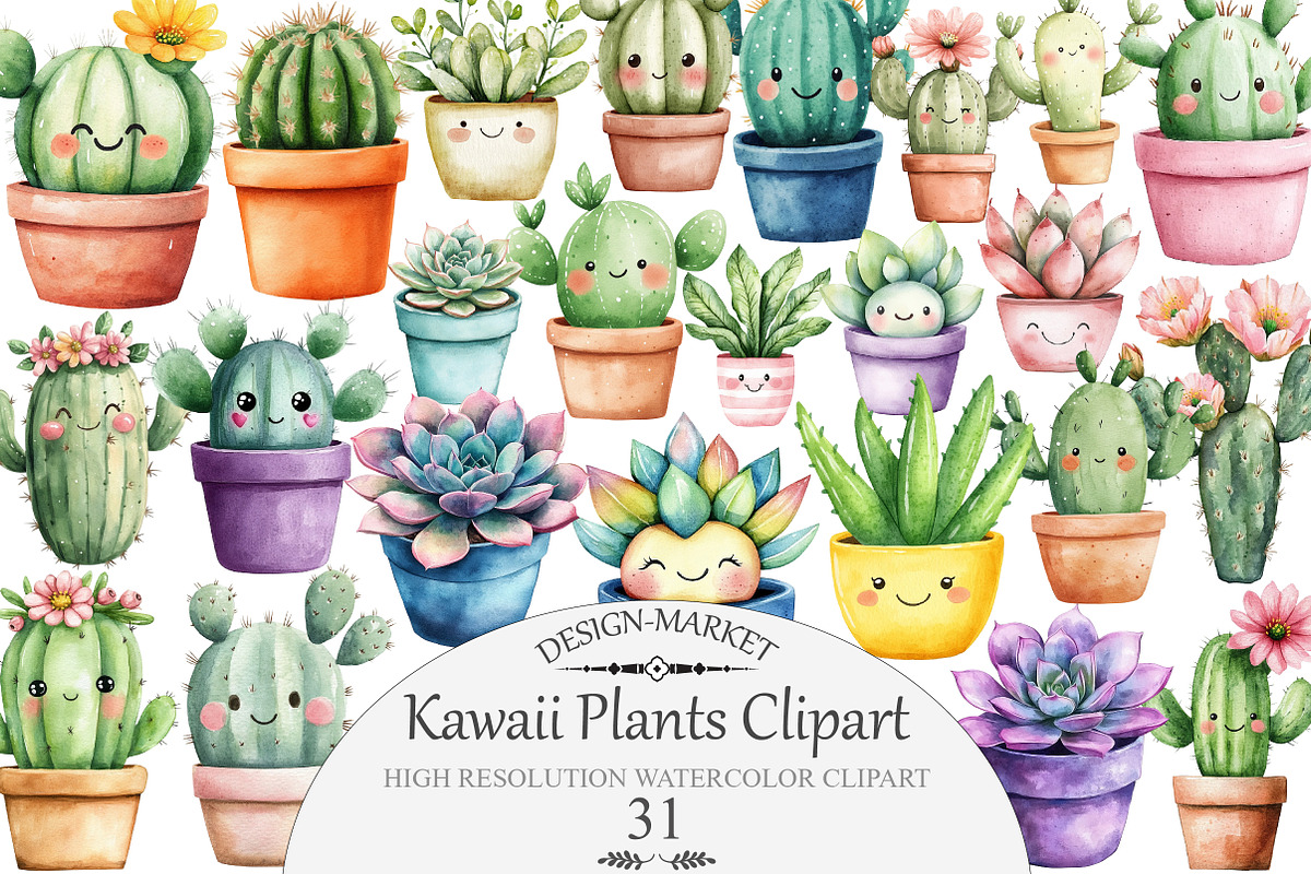Watercolor Kawaii Plants Clipart, an Illustration by Design Market (Photo 1 of 4)