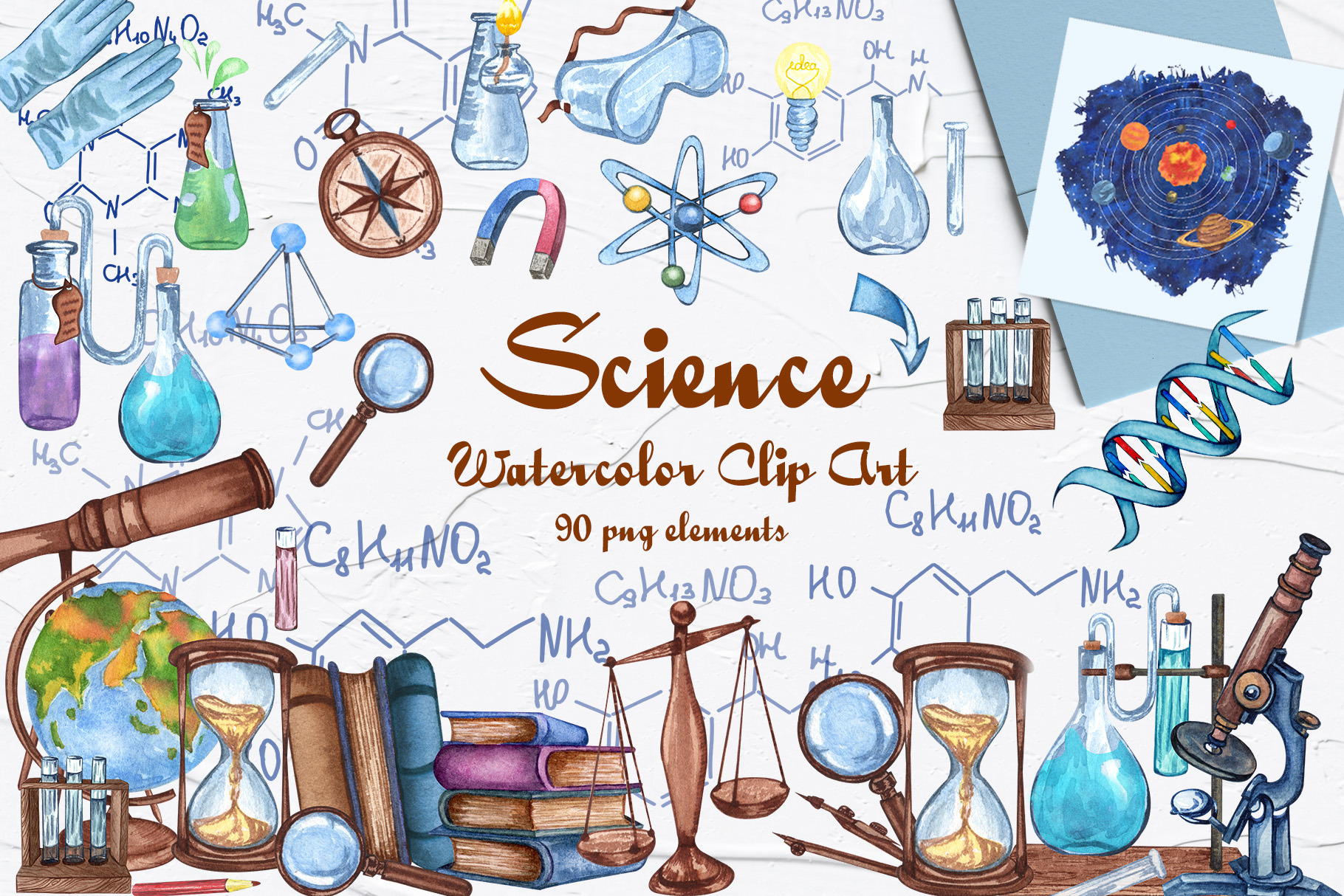 Science Watercolor Set, an Education Illustration by BarvArt