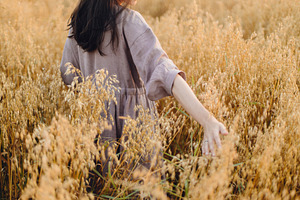 Stylish woman holding oat stems in evening light, hand close up., a Person Photo by Sonjachni