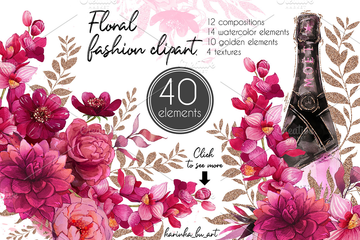 Watercolor floral fashion clipart, an Illustration by KarinkaBU (Photo 1 of 9)