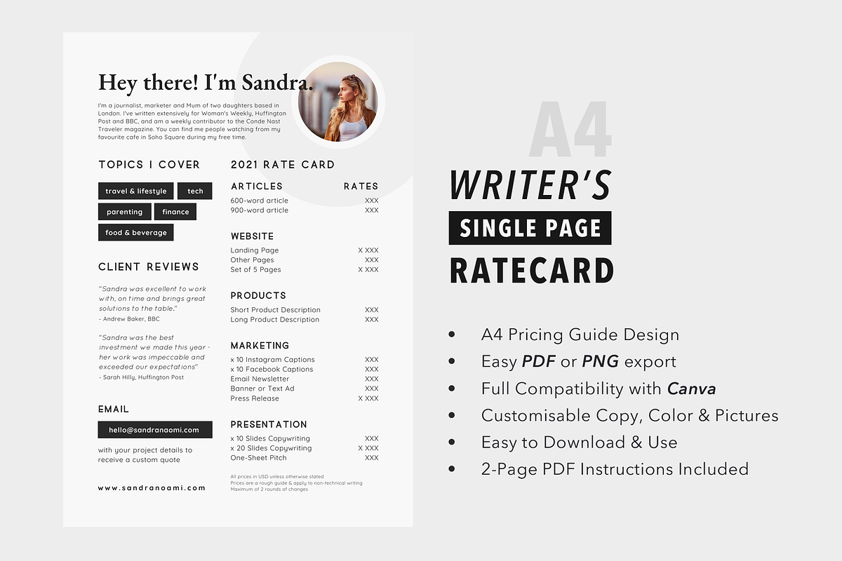 Writer's Single Page Rate Card Canva, a Resume Template by White Dreamers (Photo 2 of 4)
