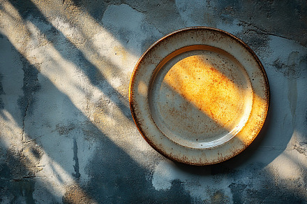 Rustic plate illuminated by sunlight against a textured wall in a cozy setting, a Food & Drink Photo by AlyaAnd