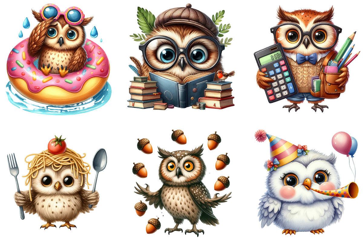 Watercolor Funny Owl Clipart, an Illustration by DreamArtGraphic (Photo 2 of 5)