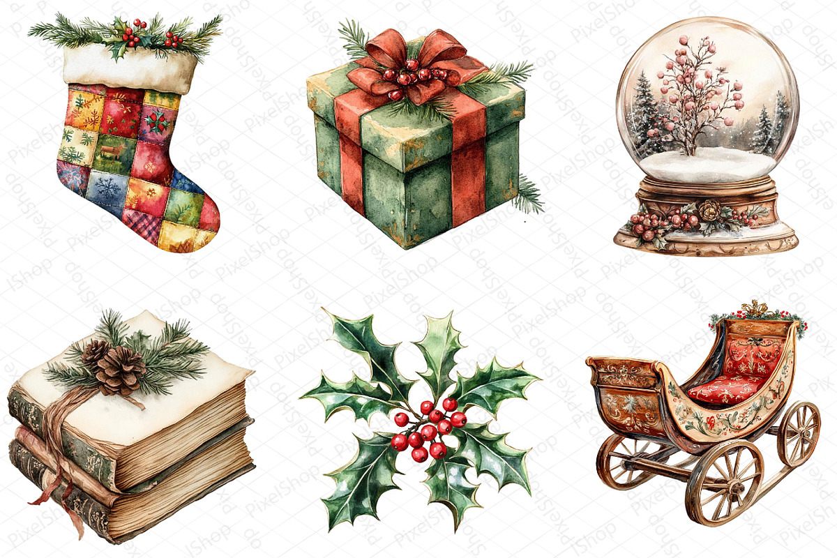 Watercolor Vintage Old Christmas Cli, an Illustration by DreamPrint404 (Photo 4 of 6)