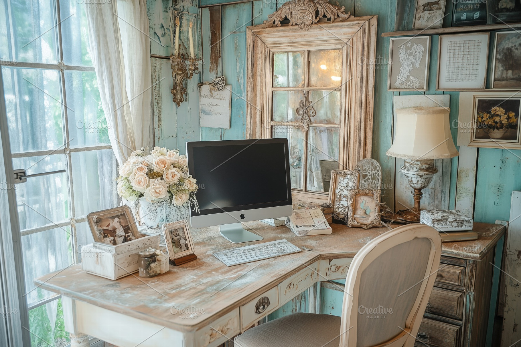 A cozy Shabby Chic interior design style home office with a vintage-style desk,, an Arts & Entertainment Photo by Textures & Backgrounds