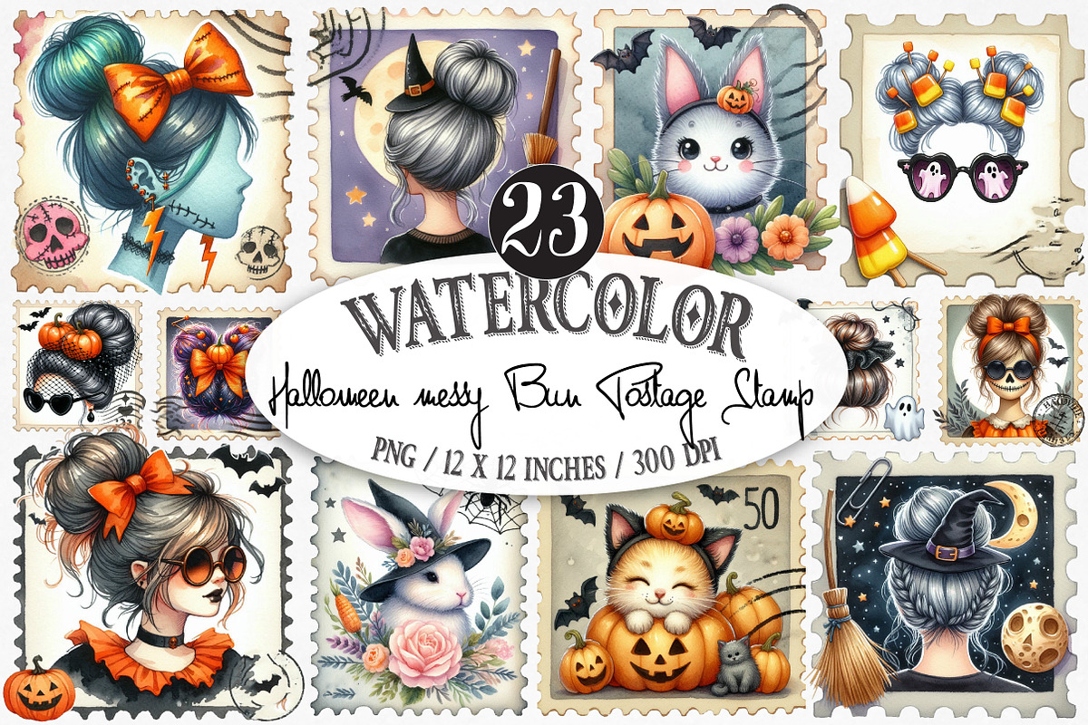 Watercolor Halloween Messy Bun Posta, an Illustration by Designking (Photo 1 of 5)