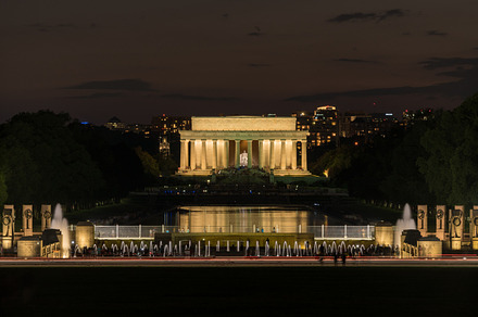 Lincoln Memorial at night over World War Two memorial, an Architecture Photo by Backyard Stock