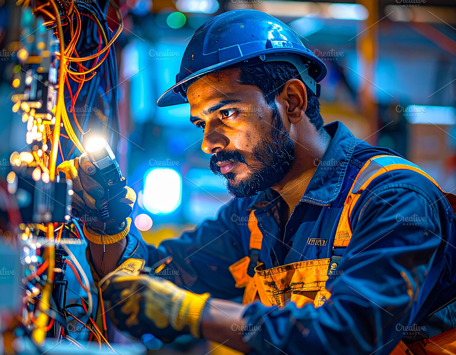 Electrician repairing an electrical fault during a power outage, a Person Photo by DanFLCreativo