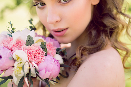 Young bride in white dress stock photo containing bouquet and arrangement, a Person Photo by SaulichPhoto