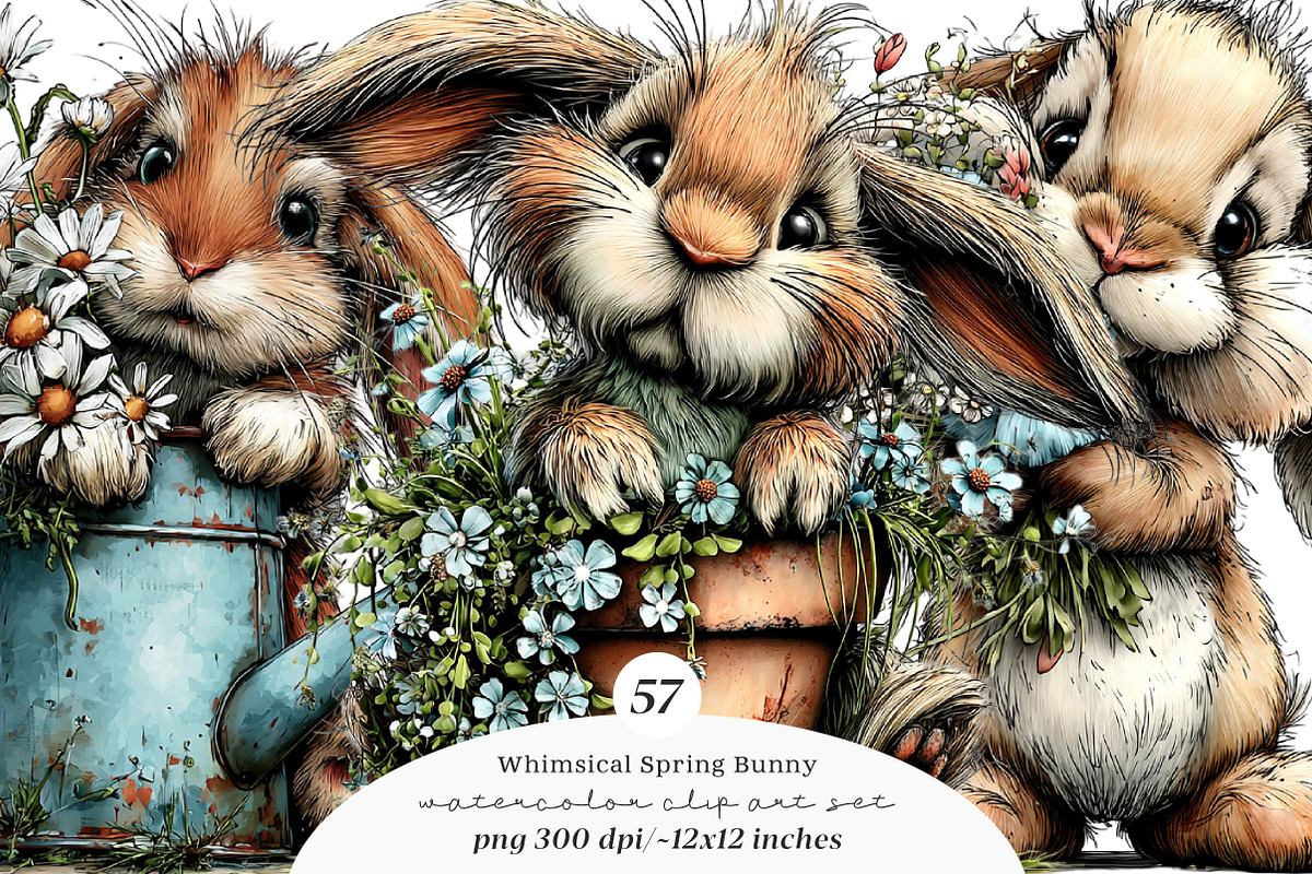 Whimsical Spring bunny clipart, an Illustration by SinaCreation (Photo 1 of 11)