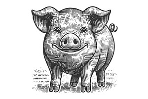 Smiling Pig engraving sketch vector, an Animal Illustration by AlexArt