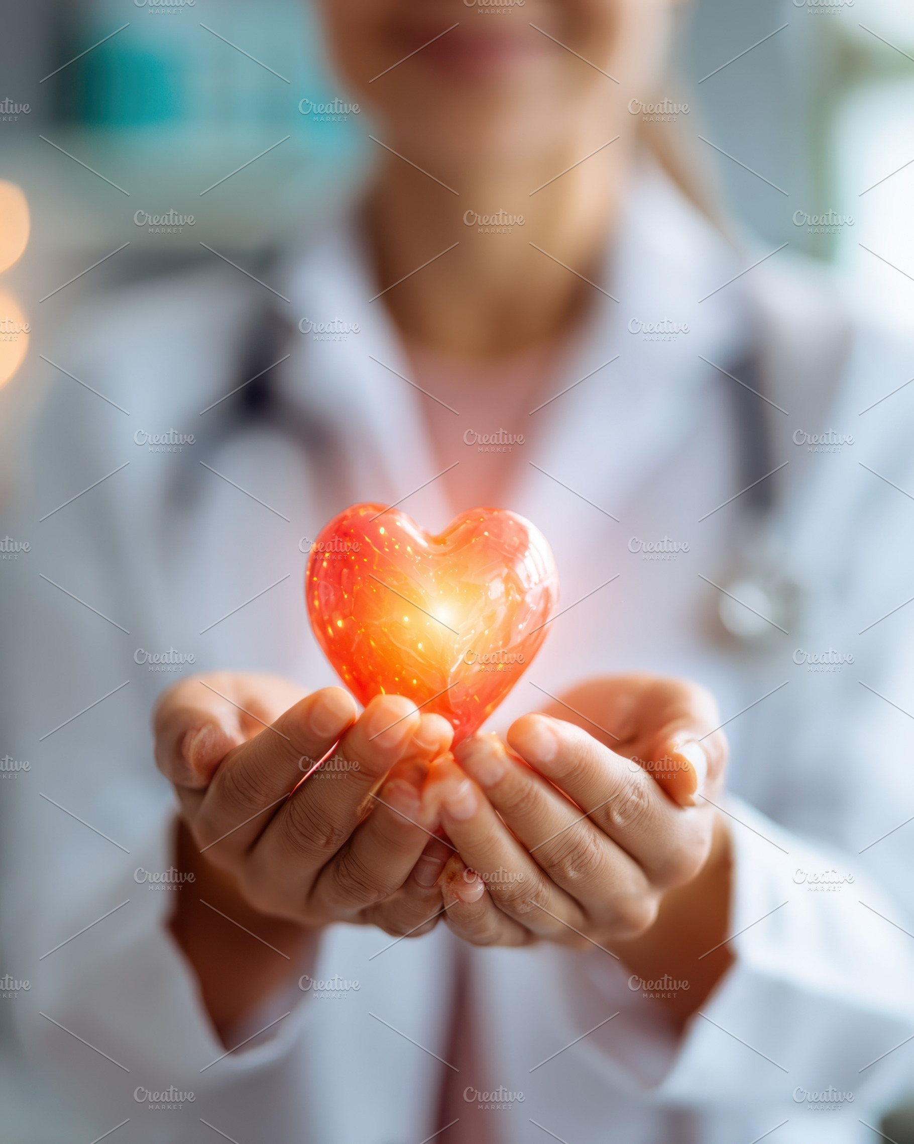 Glowing heart symbol in hands of healthcare professional, a Health & Medical Photo by AlyaAnd