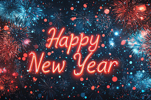 Happy new year glowing red neon text with colorful red and blue, a Background Photo by José Manuel Gelpi