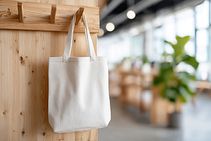 Creative startup branding showcased on a bag mockup in a modern workspace, a Beauty & Fashion Photo by AlyaAnd