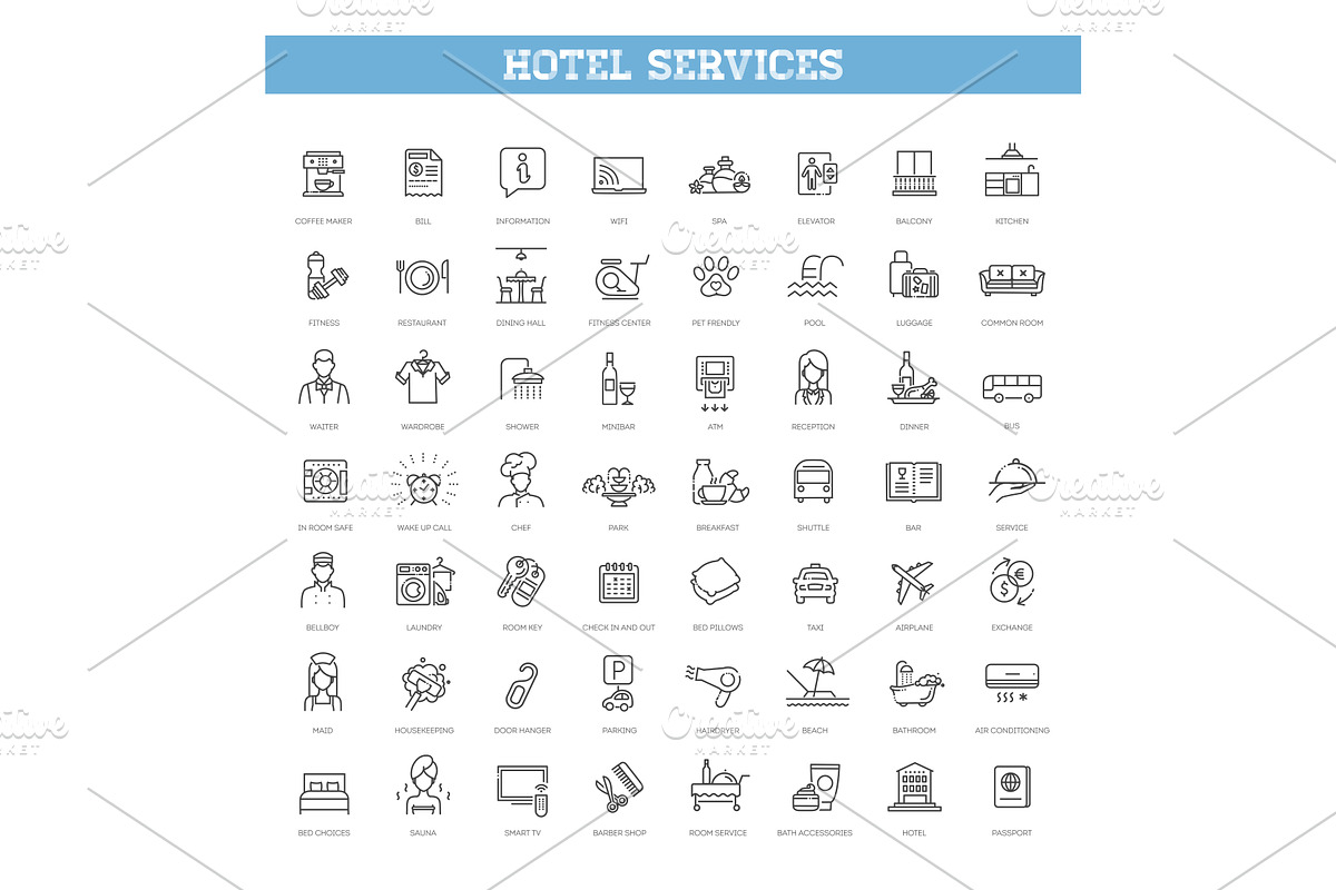 Hotel services concept illustration, an Outline Icon by Tettygreen