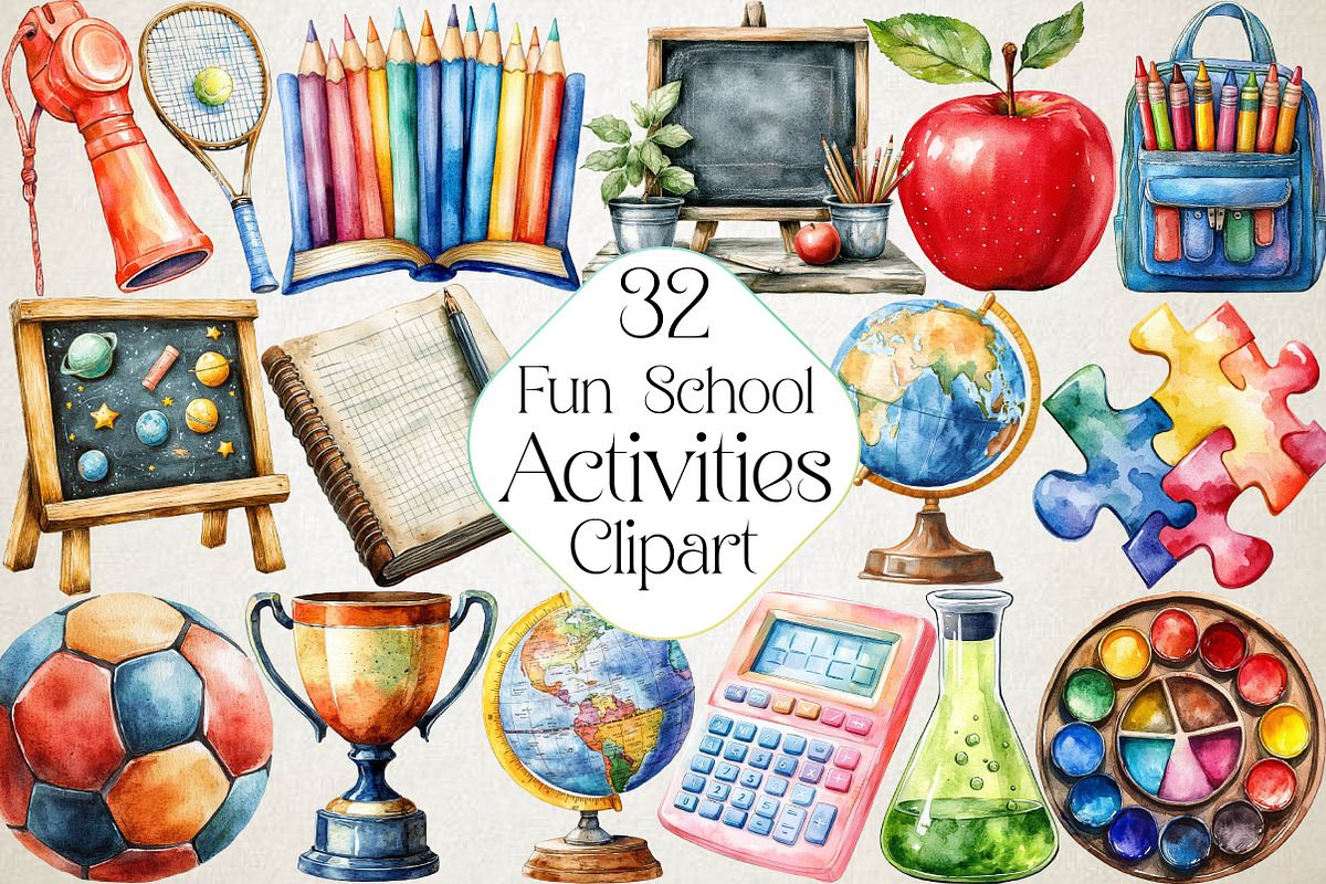 Watercolor Fun School Activities Cli, an Illustration by DreamPrint404 (Photo 1 of 6)