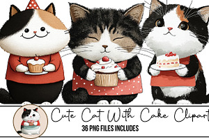 Cute Cat With Cake Clipart, an Illustration by DreamArtGraphic