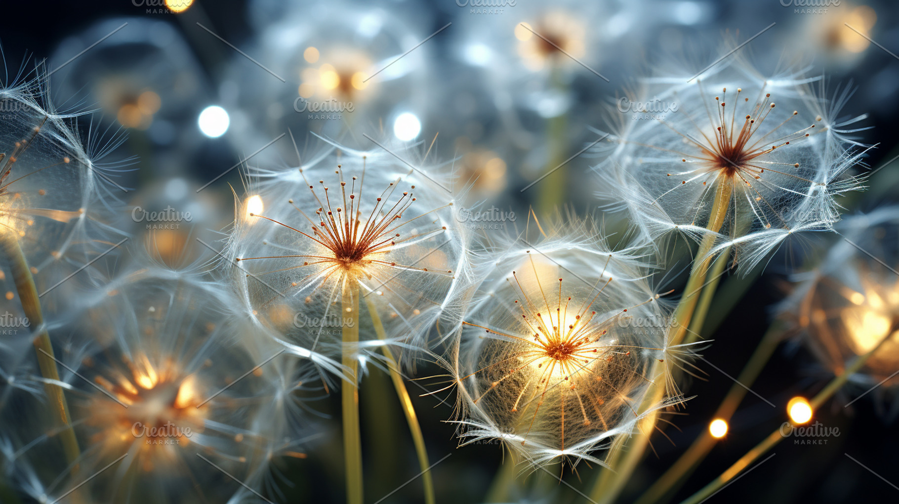 Dandelion seeds close up with bokeh, a Photo by LOGOCREATIVE