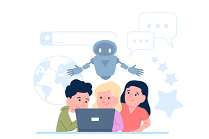Children chatting with ai chat bot, an Education Illustration by LadadikArt