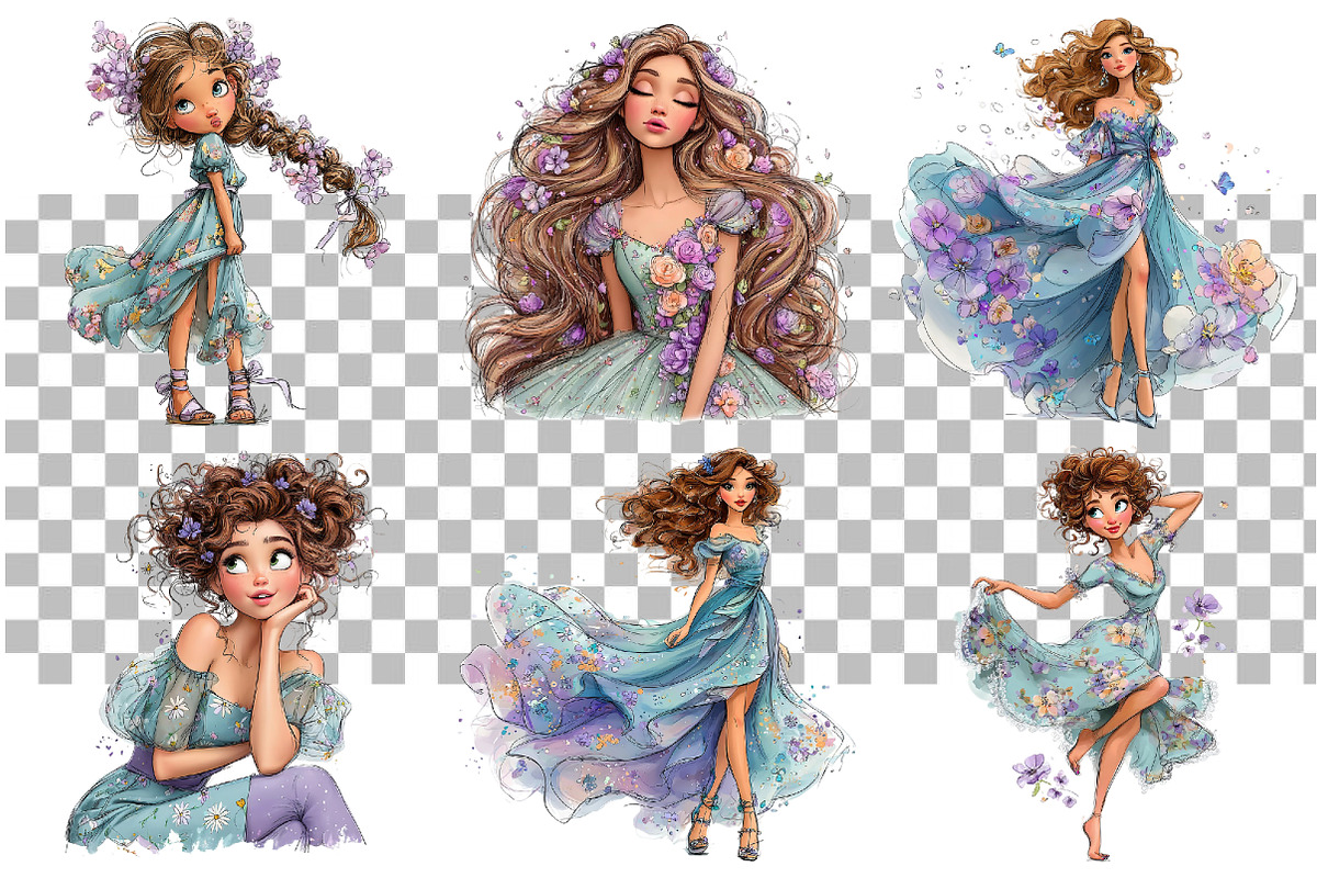 Girls in Blue Floral Dresses Clipart, a Seasonal Illustration by Daily.Designs (Photo 3 of 3)