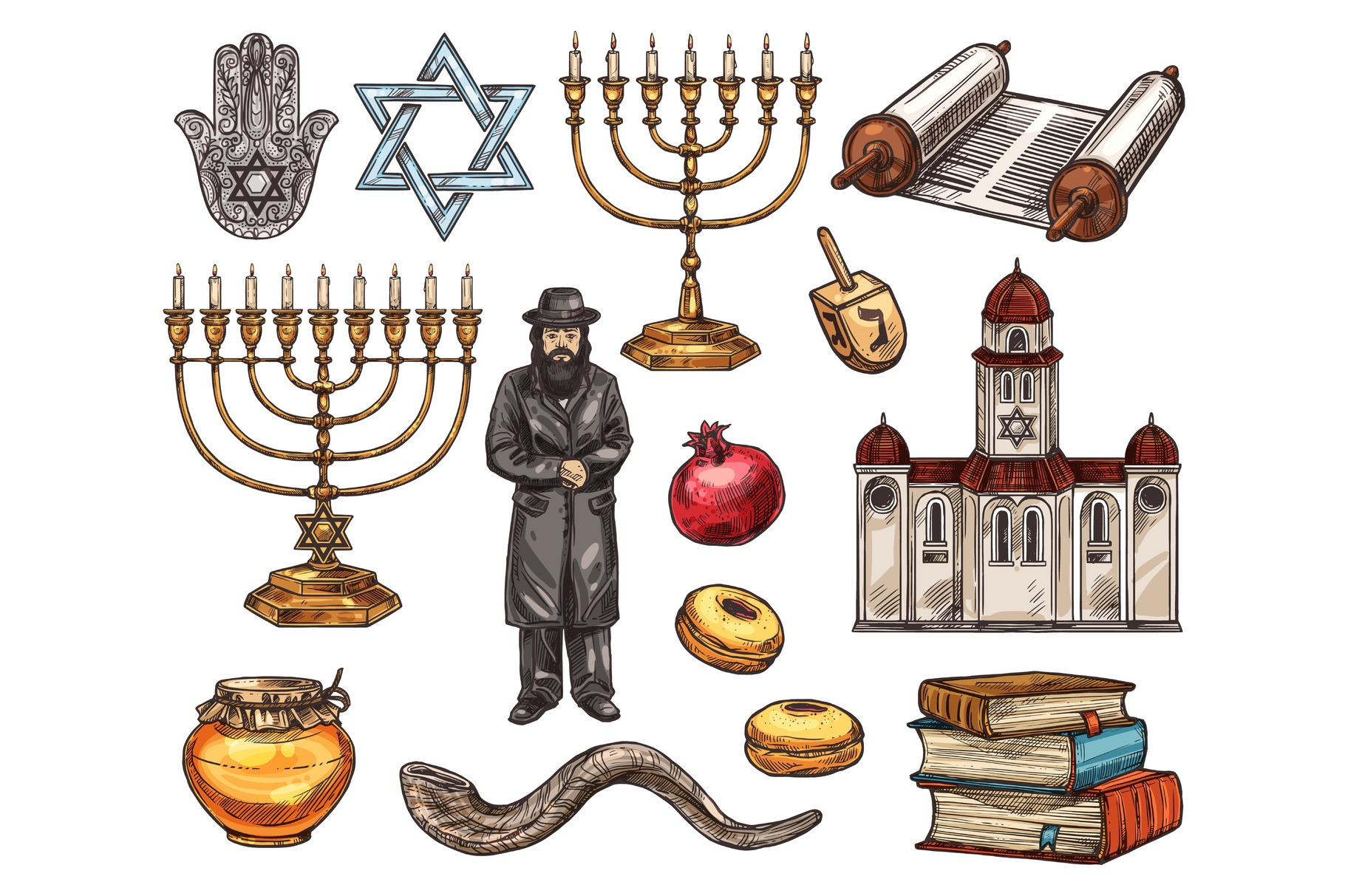 Judaism religion symbols, sketch, an Illustration by Vector Tradition