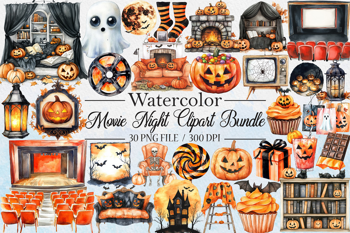 Halloween Movie Night Clipart Bundle, an Illustration by Libby Wishes (Photo 1 of 7)