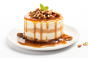 Cheesecake with caramel and nuts on white background, a Food & Drink Photo by AlyaAnd
