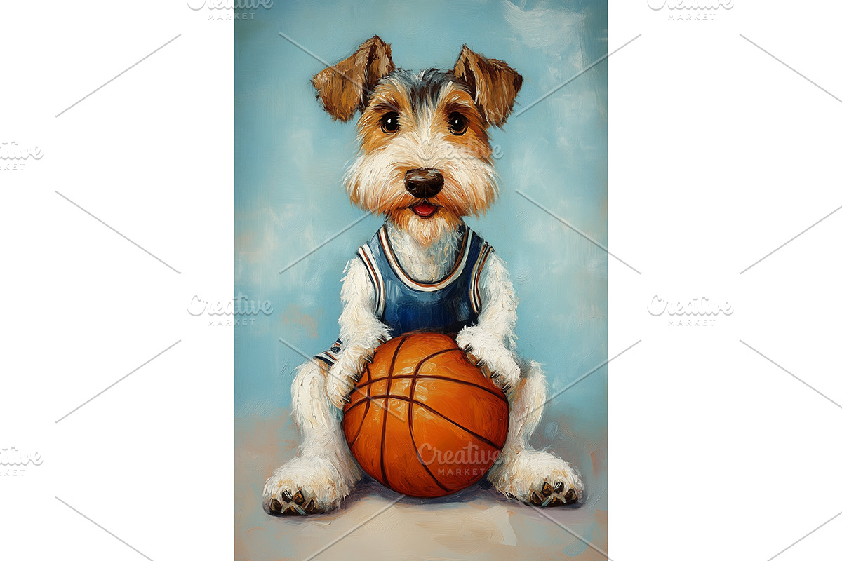 Basketball Wire Fox Terrier Dog Art, an Animal Illustration by Art Paradise Studios