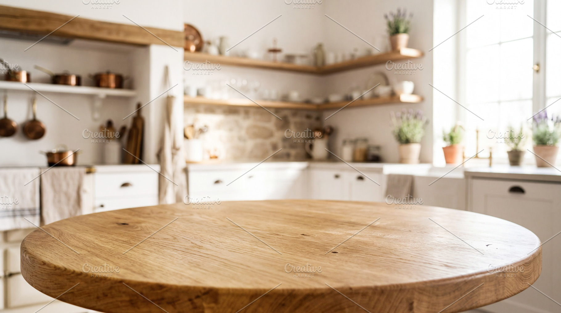 Empty round wooden oak table top, a Food & Drink Photo by Volff