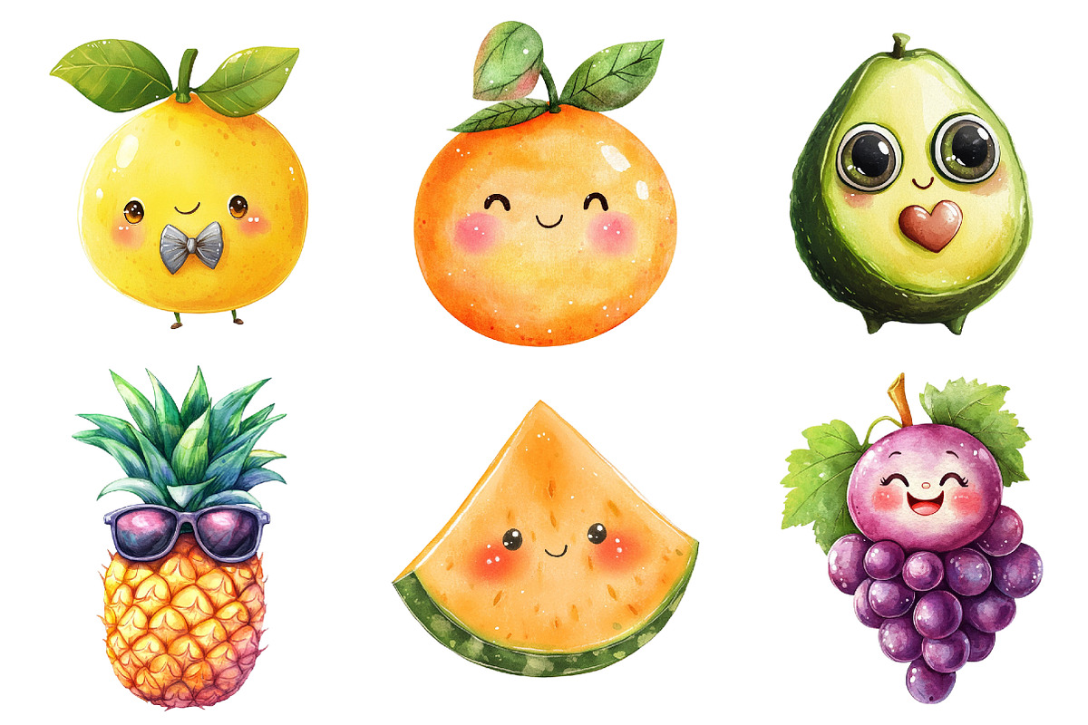 Cute Fruit Clipart,Kawaii Fruits png, an Illustration by Watercolor design (Photo 5 of 5)