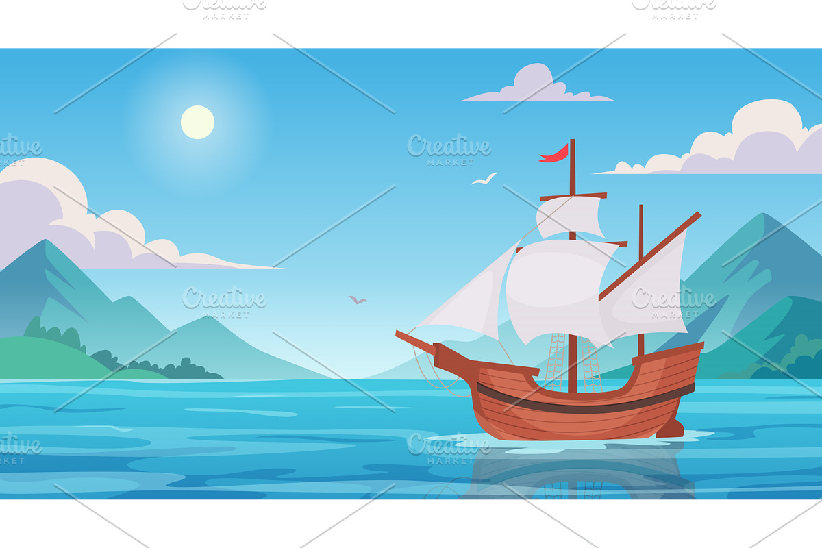 Wooden ship. Ocean landscape, a Transportation Illustration by Onyx