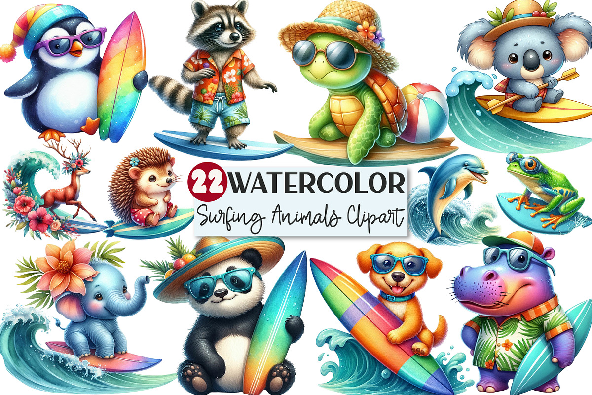 Cute Surfing Animals Clipart, an Illustration by Rose Art (Photo 1 of 3)