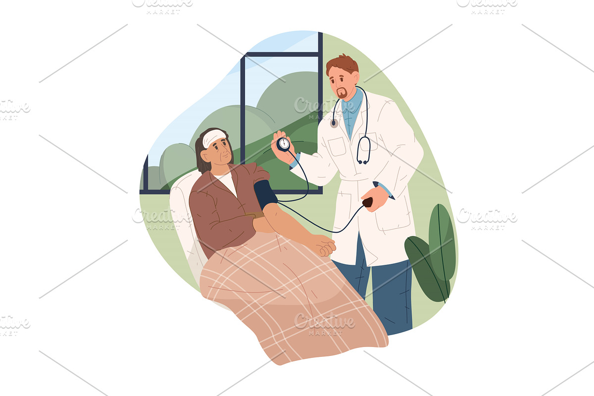 Aged woman getting blood pressure, a Healthcare Illustration by Elegant Solution