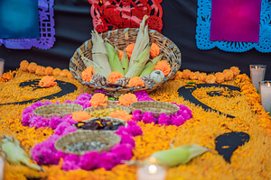Seed and corn offerings arranged as