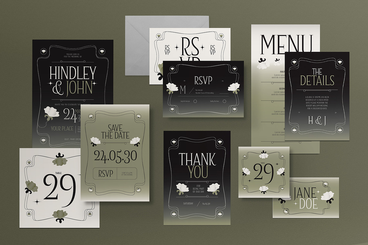 Black Green Wedding Invitation Set, a Card Template by graphicook (Photo 1 of 3)