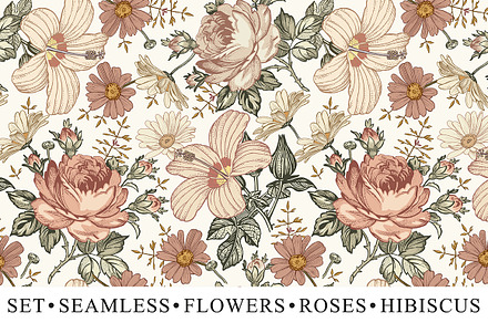 Set Seamless Flowers Roses Hibiscus, a Pattern Graphic by Vintage