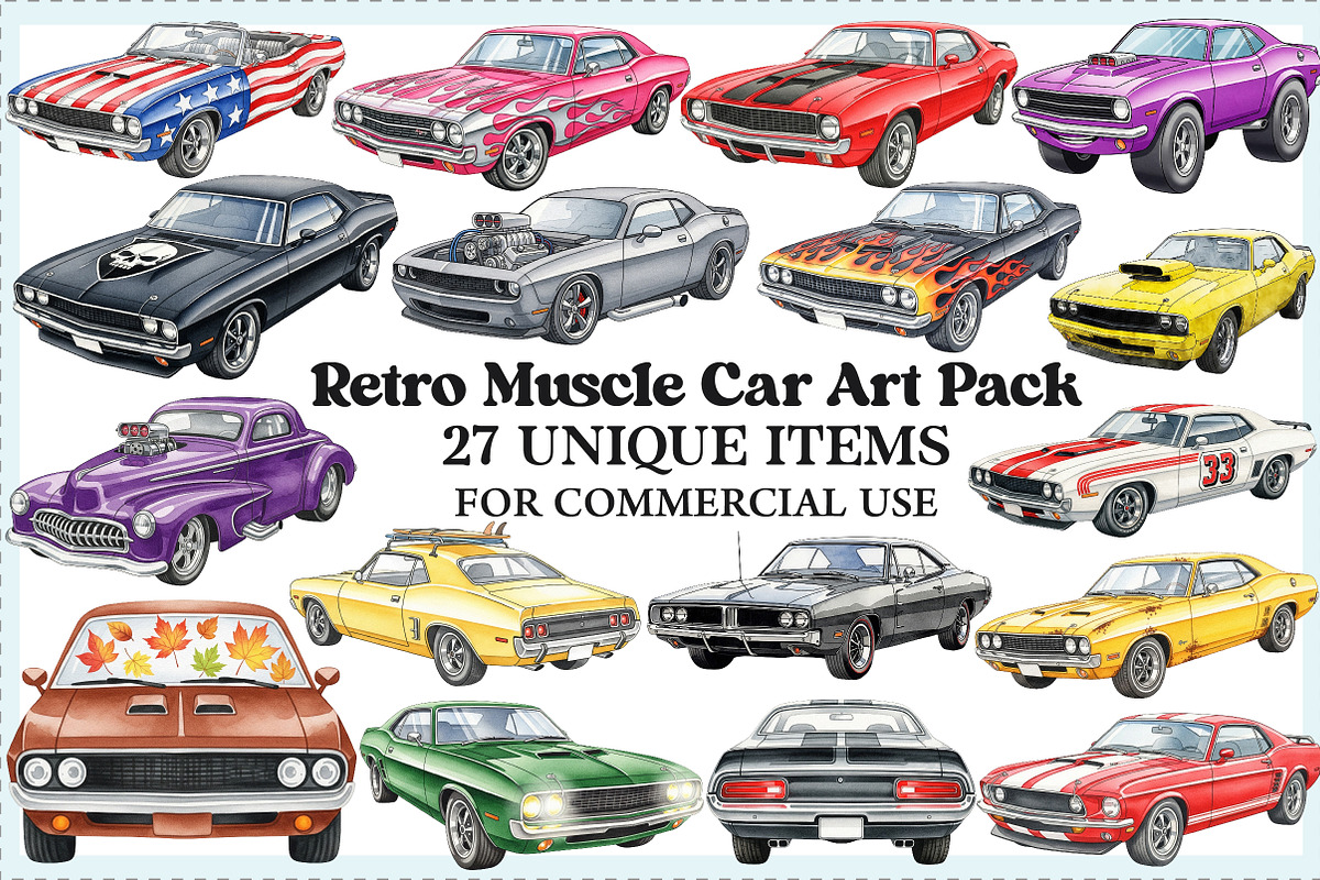 Retro Muscle Car Art Pack, an Illustration by Craft Nest (Photo 1 of 6)