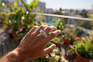 Smart ring displayed on a person's hand with a lush green background during day, a Photo by AlyaAnd