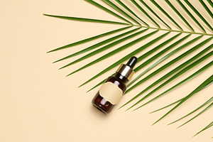 A glass dropper bottle with a clean label lies next to a green p, a Beauty & Fashion Photo by ndanko