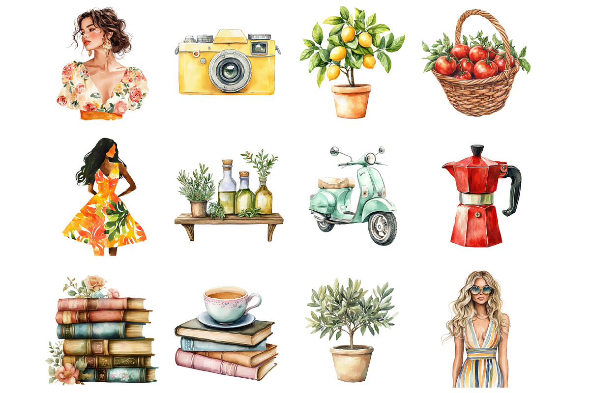 Watercolor Italy Summer Clipart, an Illustration by Design Market (Photo 3 of 4)