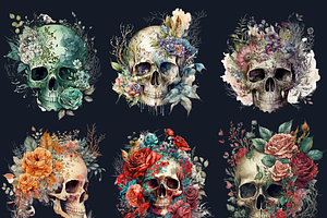 Watercolor Floral Skull Clipart